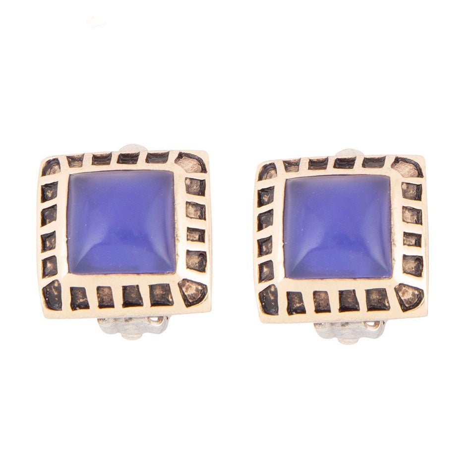 Boucles d'oreilles clips agate bleue dorées