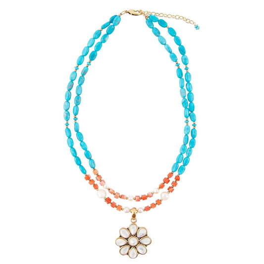 Pendentif et collier en nacre hibiscus bleu et blanc