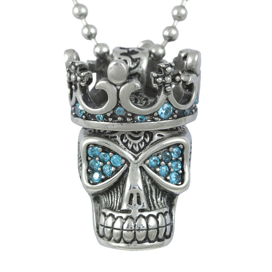 Collier Chaîne Pendentif Gothique Crâne de Cristal Bleu