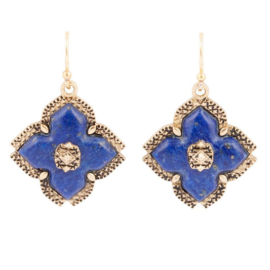 Boucles d'oreilles pendantes croix maltaise dorée lapis-lazuli bleu
