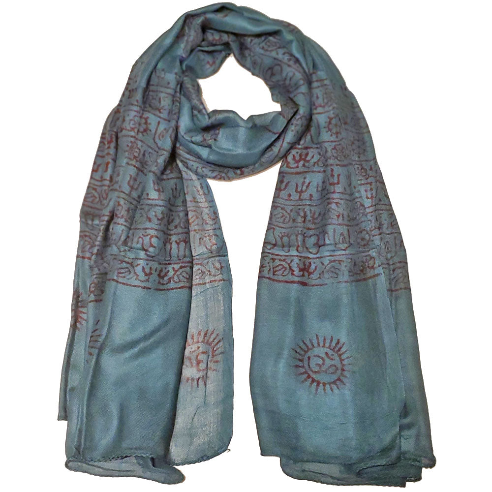 Blauer Om-Print-Schal, leicht, Boho, asiatisches Symbol, Wickeltuch