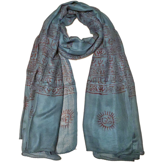 Blauer Om-Print-Schal, leicht, Boho, asiatisches Symbol, Wickeltuch
