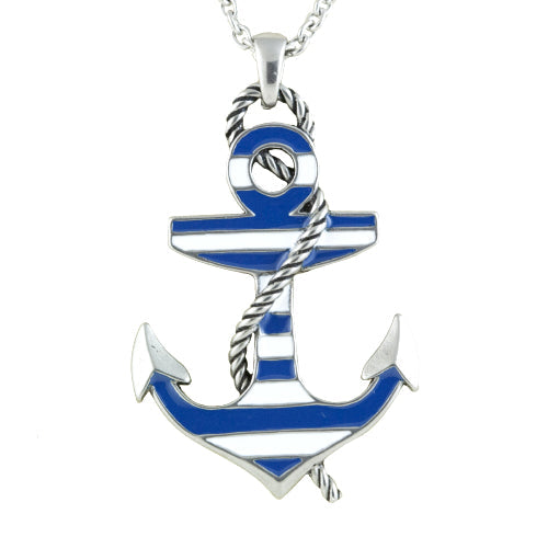Collier Ancre Rayée Bleue Pendentif Corde Nautique Argenté