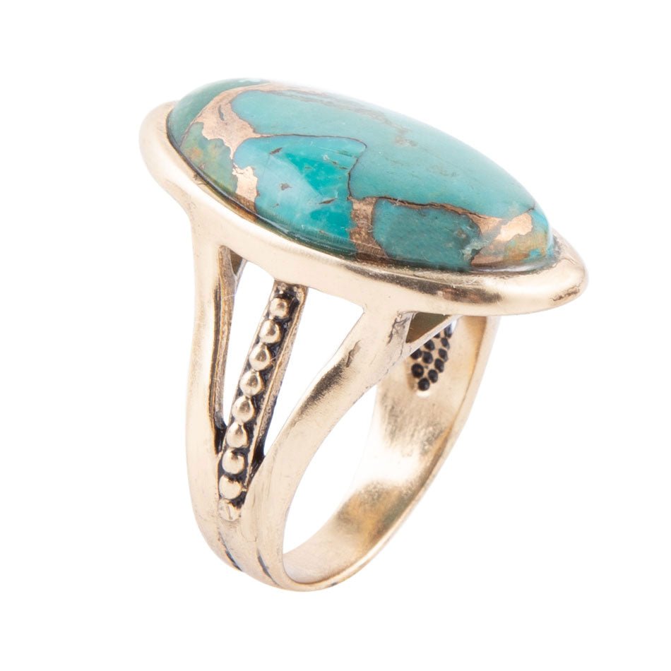 Blauer Türkis und Bronze Matrix Goldener Ovalring