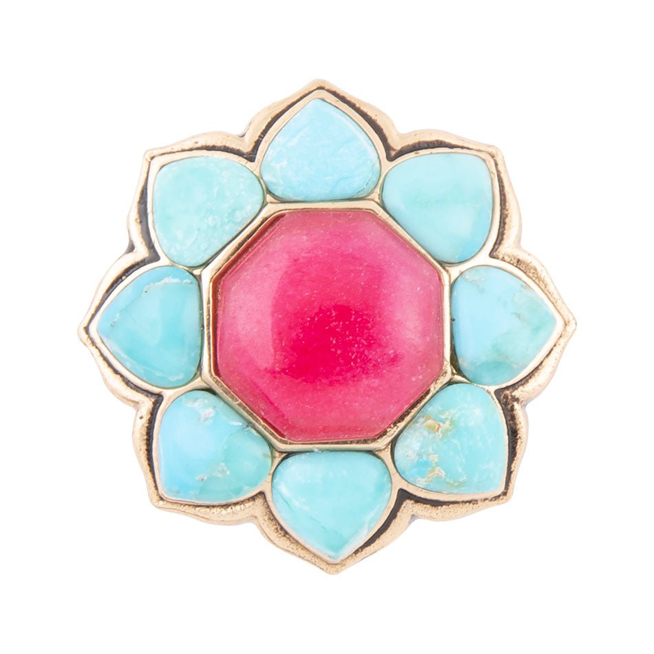 Ring mit blauer Türkis- und roter Quarzblume in Goldfassung