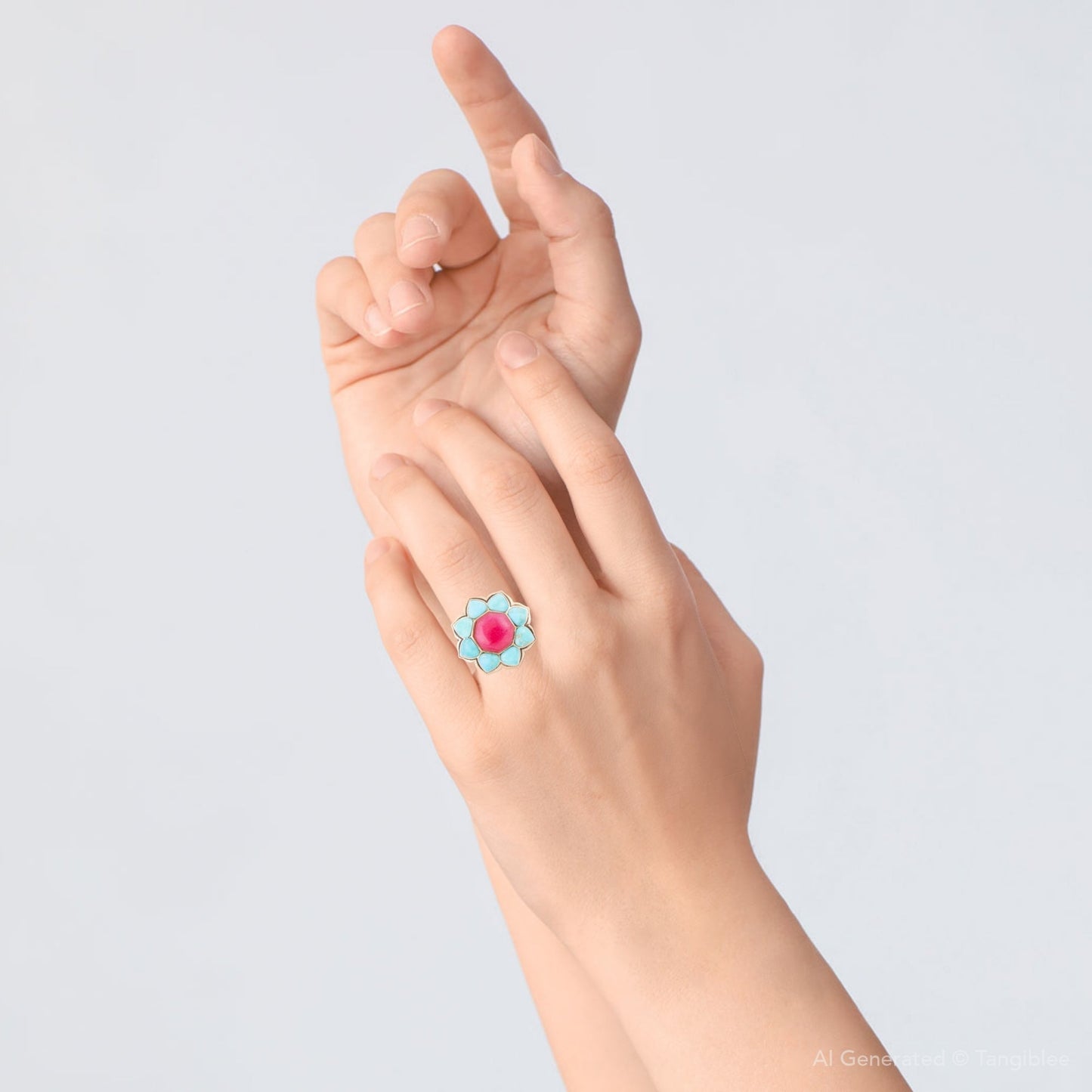 Ring mit blauer Türkis- und roter Quarzblume in Goldfassung