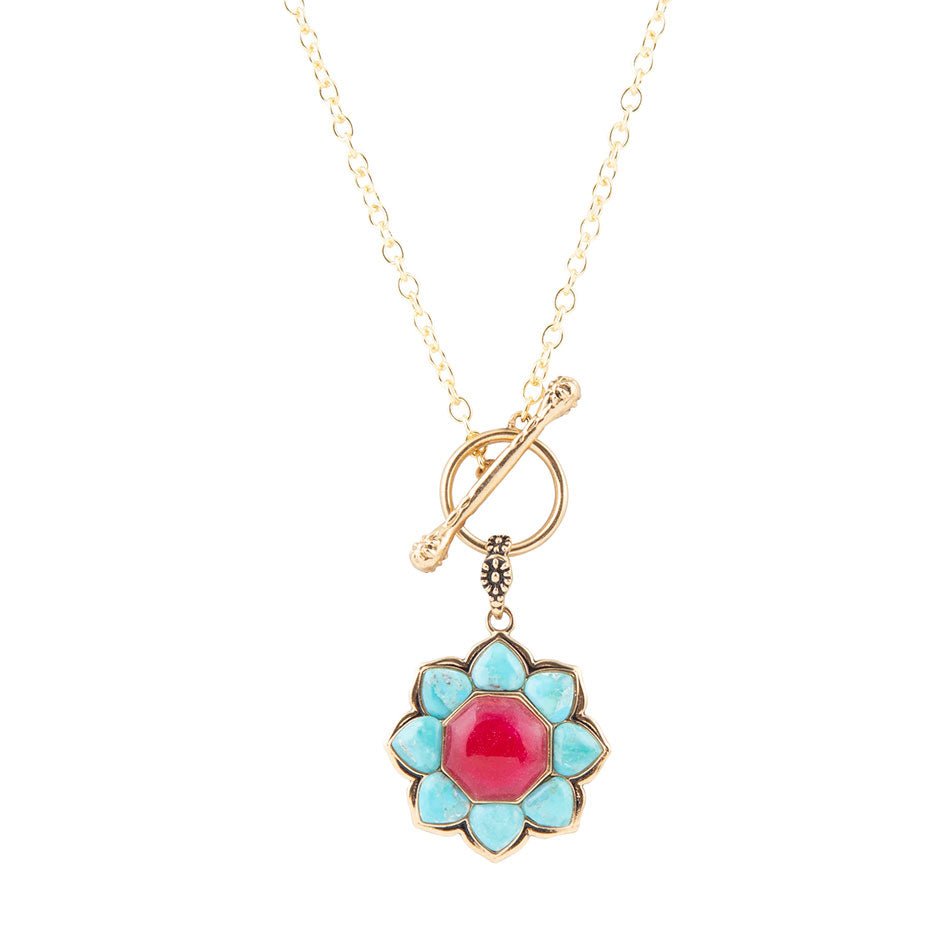 Halskette mit blauer Türkis- und roter Quarz-Goldkette