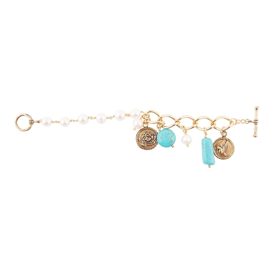 Blau Türkis und Weiße Perle Multi Charm Goldenes Armband