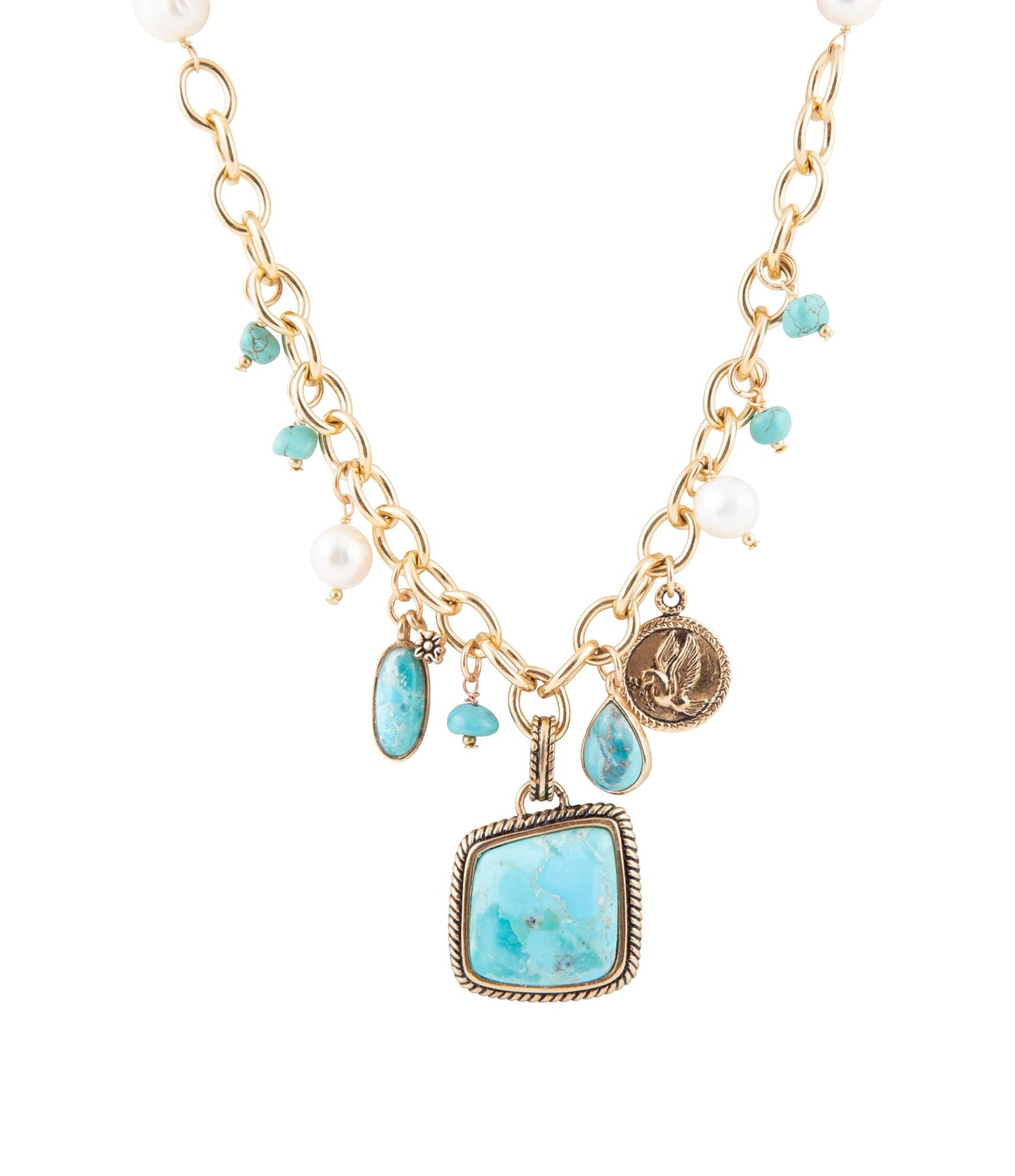 Goldkette mit mehreren Anhängern aus blauem Türkis und weißen Perlen