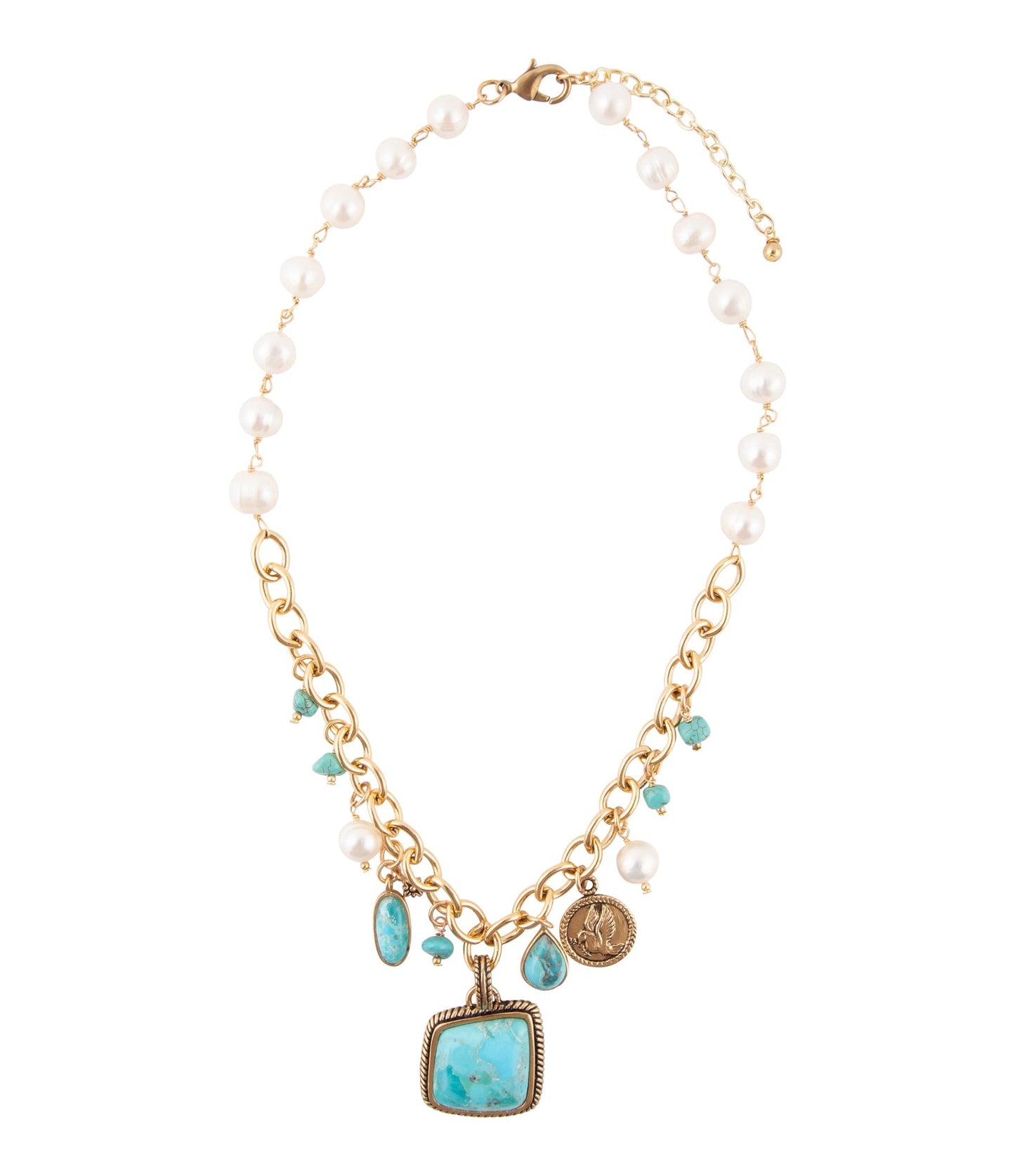 Goldkette mit mehreren Anhängern aus blauem Türkis und weißen Perlen