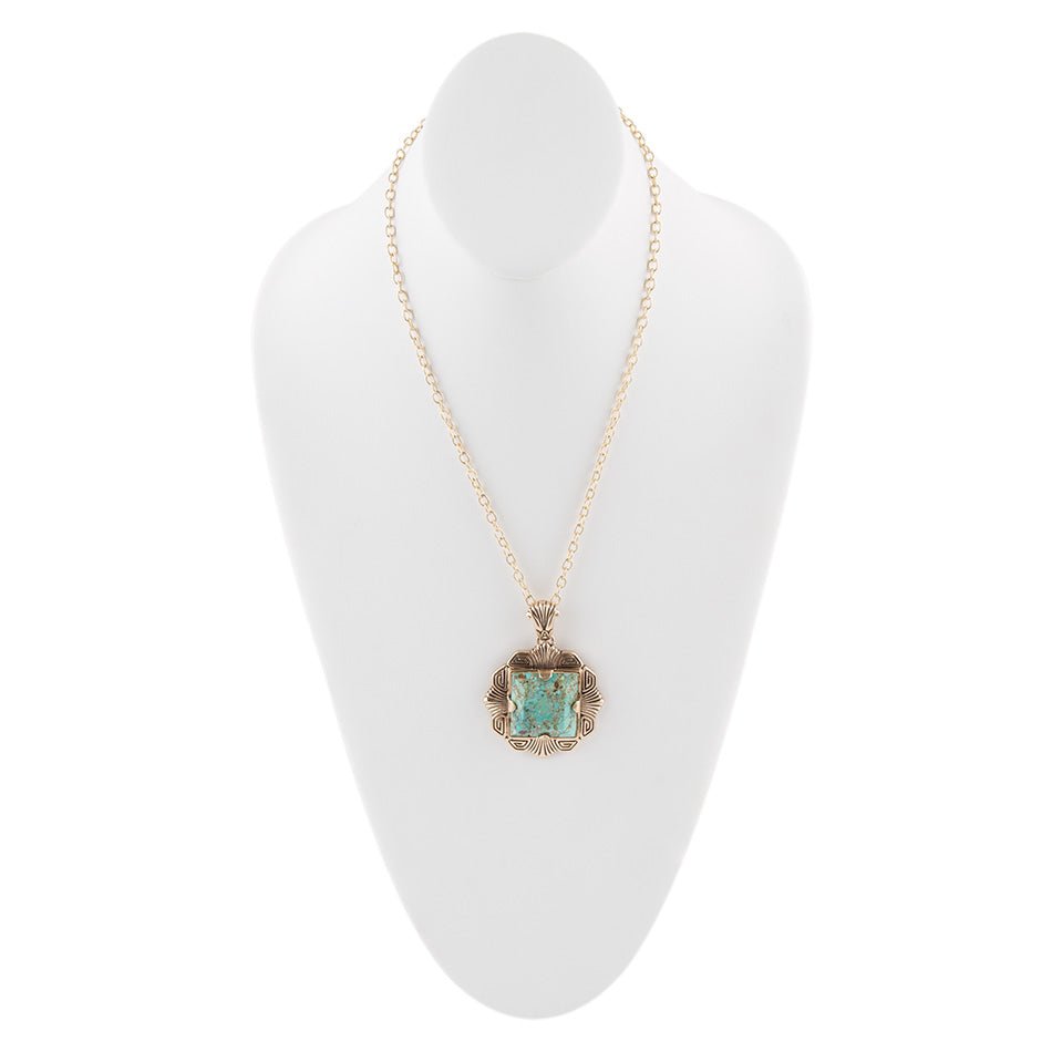 Collier Pendentif Carré Turquoise Bleue Doré