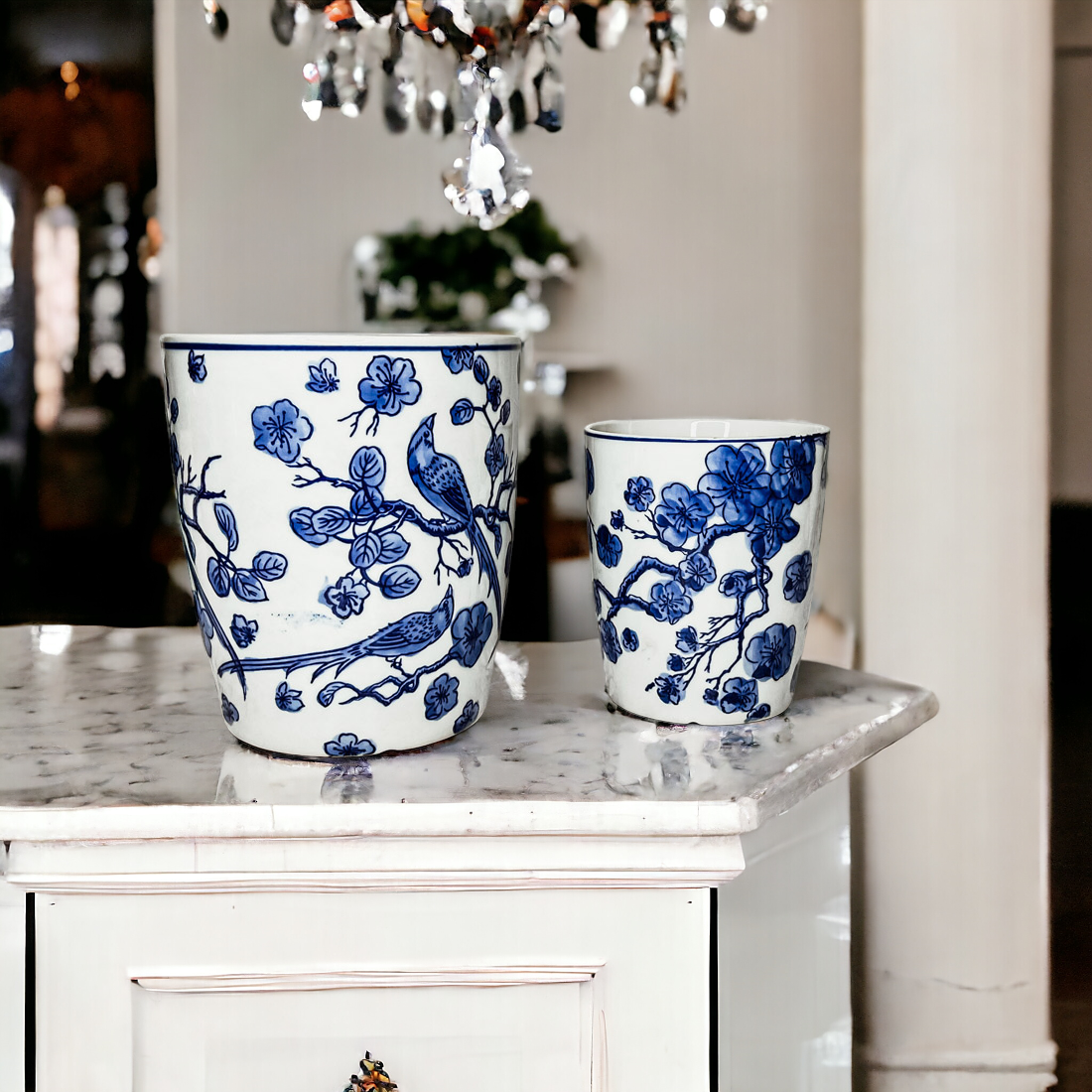 Blau-weißes chinesisches Keramik-Vase Pflanzgefäß für Zimmerpflanzen dekorativ