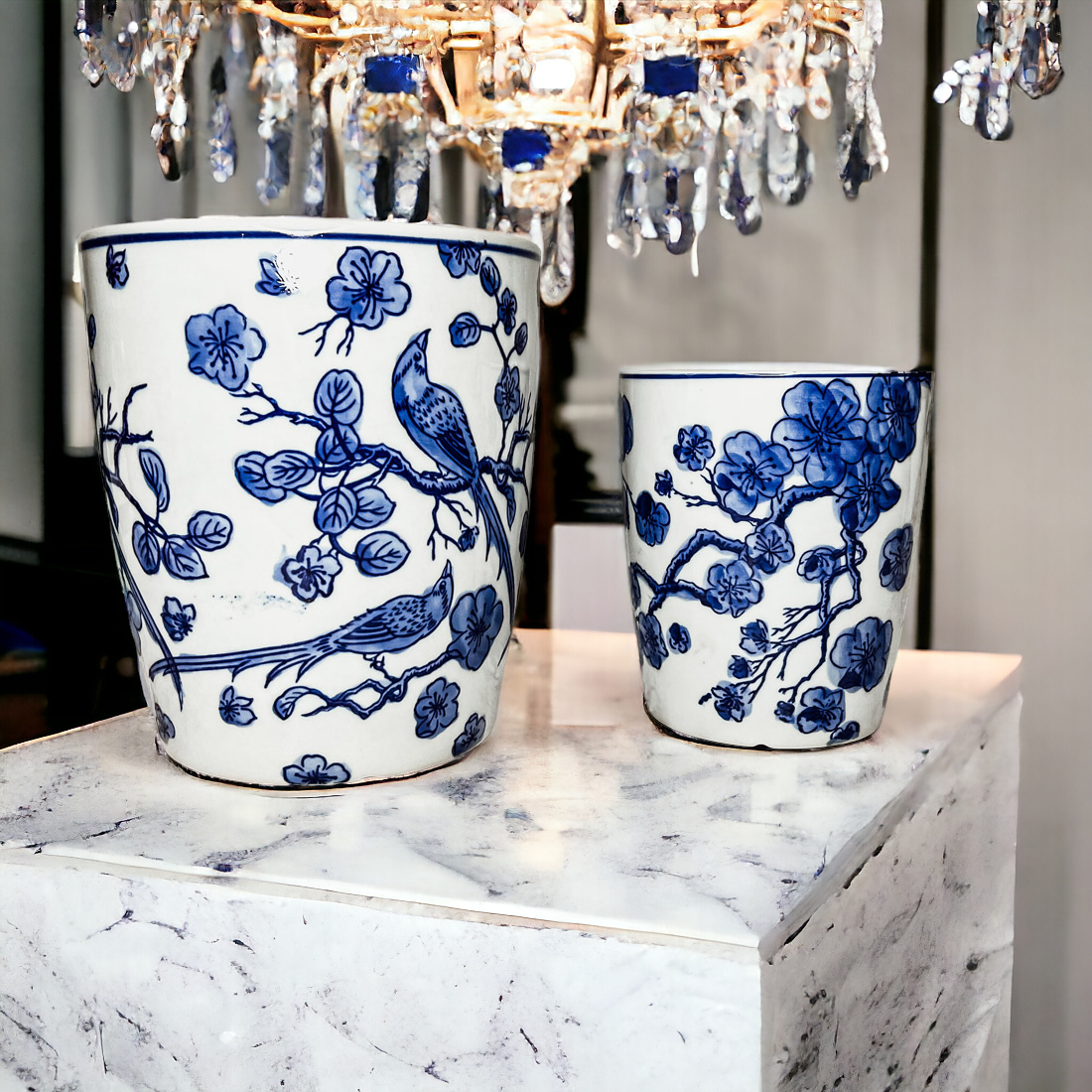 Blau-weißes chinesisches Keramik-Vase Pflanzgefäß für Zimmerpflanzen dekorativ