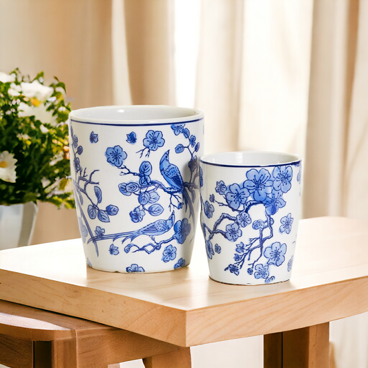 Vase-pot en céramique chinoiserie bleue et blanche pour plantes d'intérieur décoratives