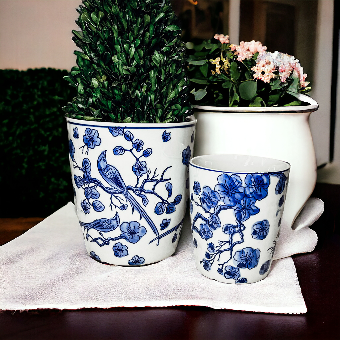 Blau-weißes chinesisches Keramik-Vase Pflanzgefäß für Zimmerpflanzen dekorativ