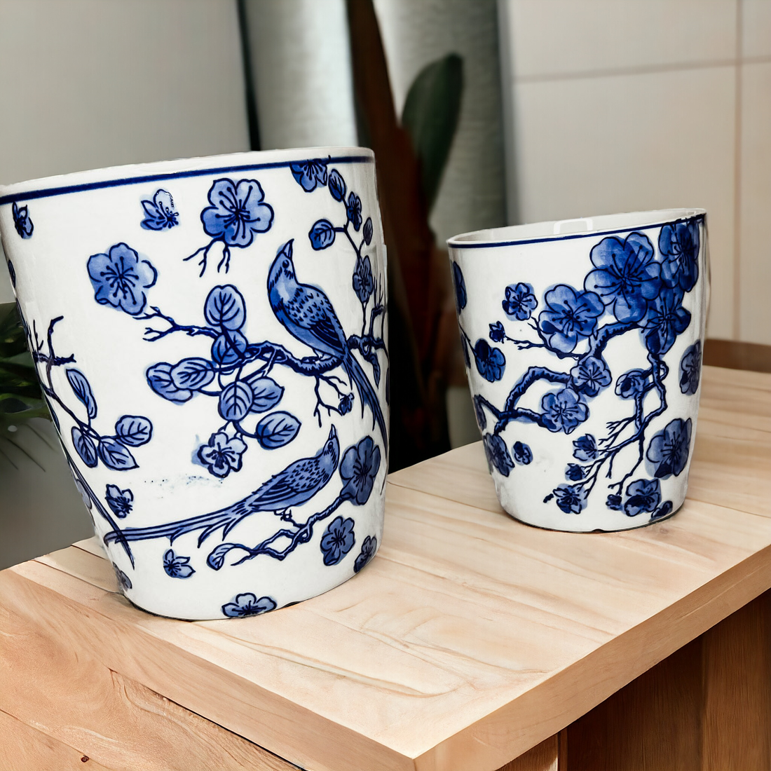 Blau-weißes chinesisches Keramik-Vase Pflanzgefäß für Zimmerpflanzen dekorativ