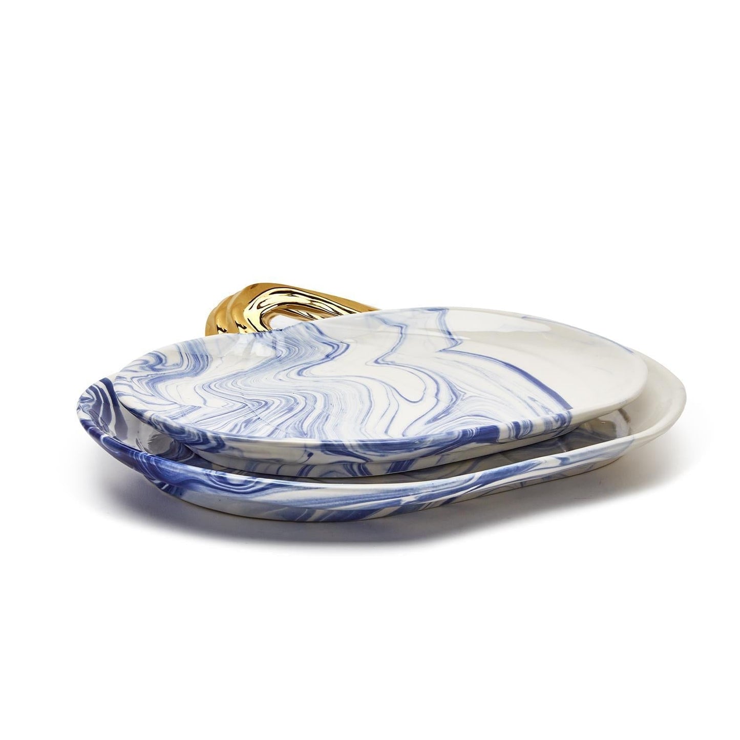Blau-weiße Marmor-Kürbis-Servierplatten 2er-Set mit goldenem Stiel