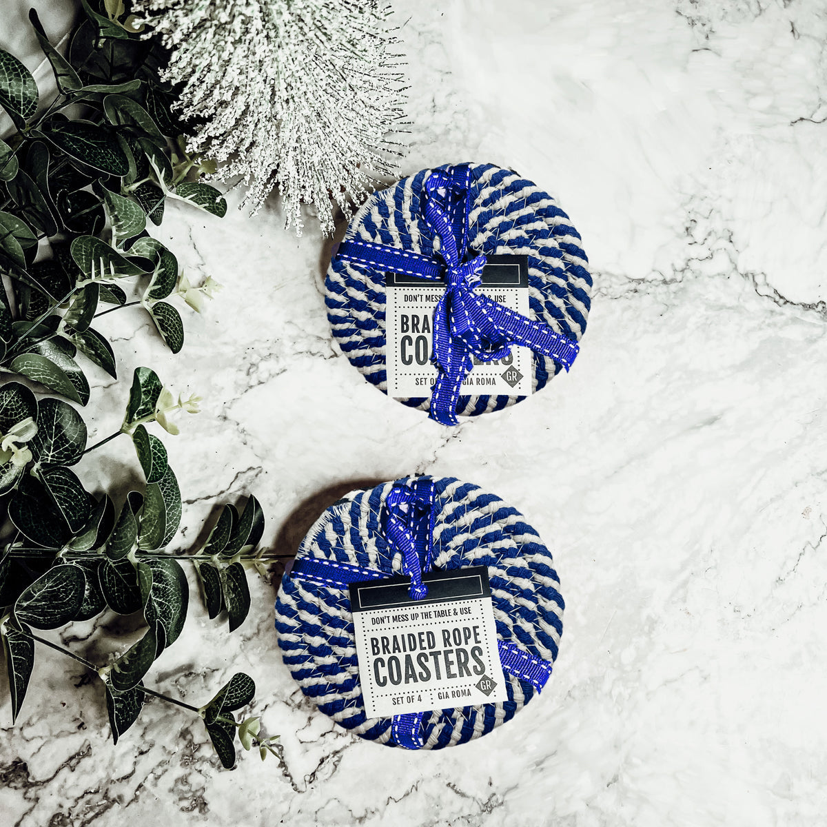 Dessous de Verre Tressés Bleus pour les Fêtes, Lot de 4, à Rayures Canne à Sucre, Protections de Table, Tapis Absorbants pour Boissons