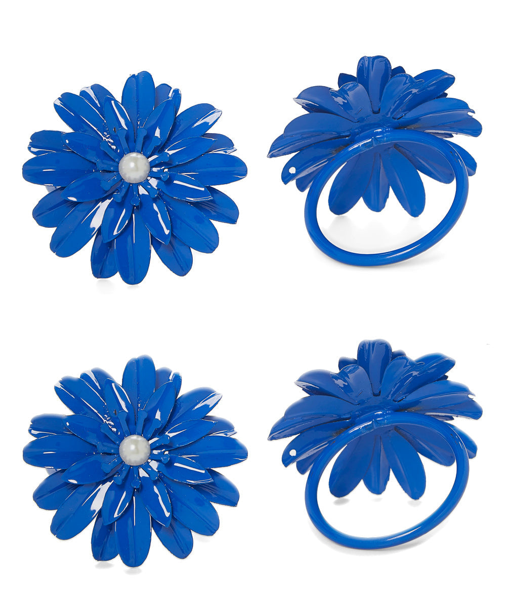 Vibhsa Blue Floral Napkin Rings | Set of 4, Pearl Accents, Handcrafted