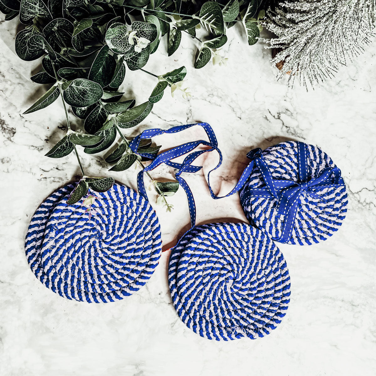Black Braided Coaster Set 4-Pack Candy Cane Stripe Coasters Table Protectors