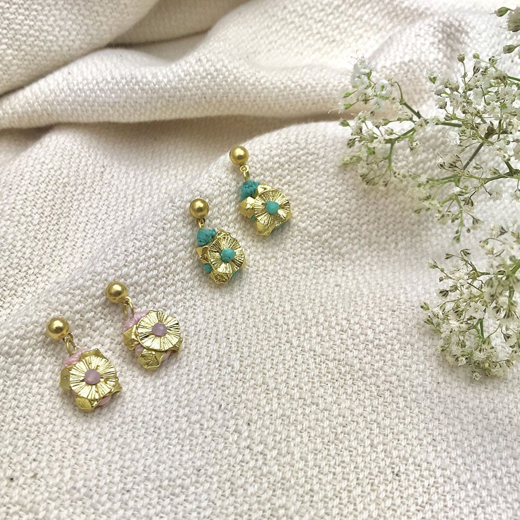 Boho Cotton Thread Flower Earrings Zinc Alloy Dainty 2.5cm Handmade