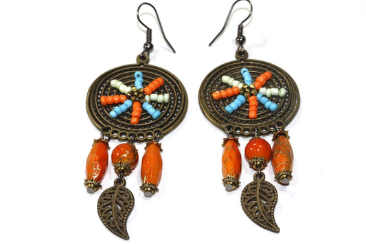Boho Traumfänger Perlenohrringe Orange Türkis Fransen