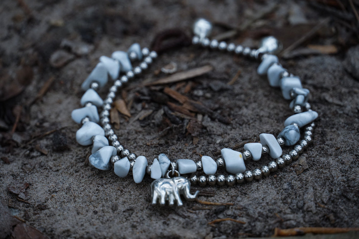 Boho Elefant Silber Stein Perlenarmband-Set für Damen