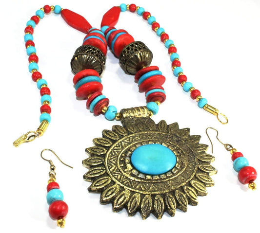 Parure Collier Et Boucles D'Oreilles Médaillon Fleur Bohème Turquoise