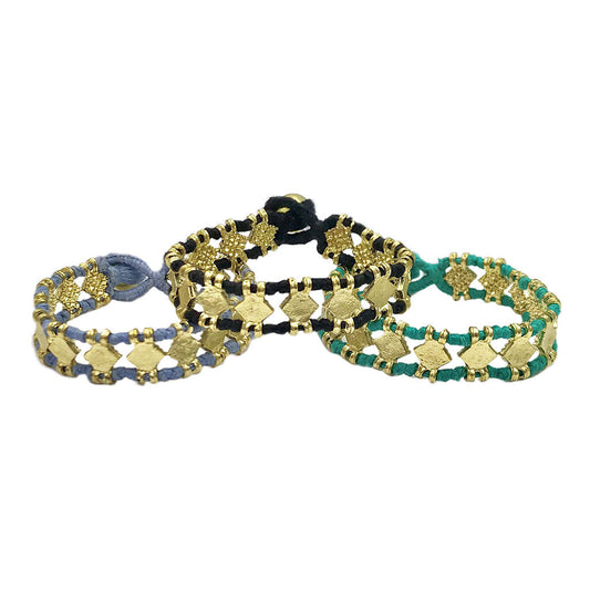 Bracelet bohème en fil de coton et alliage de zinc, motif losanges tissés à la main, ajustable