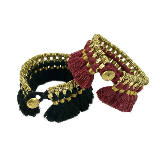 Bracelet manchette bohème Kyra à pampilles - 18 cm - Perles métalliques tissées à la main - Pampilles en coton