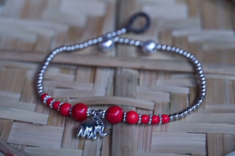 Boho Silber Fußkettchen mit rotem Elefanten-Anhänger Strand Sommer