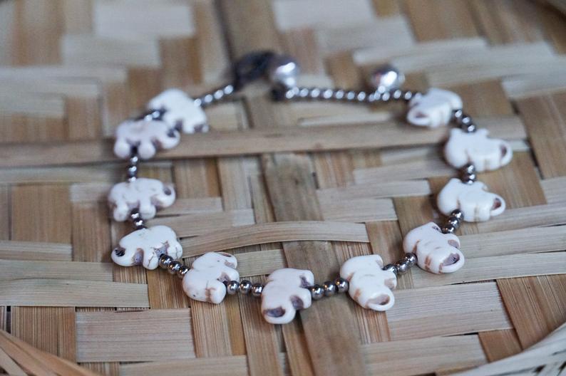 Boho Silver Elephant Anklet White Beaded Charm Chain Beach