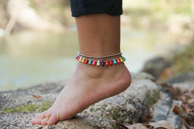 Boho Teardrop Bead Silver Anklet Adjustable Beach Party