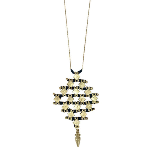 Collier long bohème tribal en alliage de zinc, métal, fil de coton et pendentif diamant