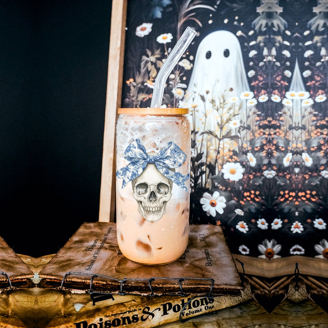 Bow Skull 20oz Insulated Glass Tumbler With Bamboo Lid And Stainless Straws