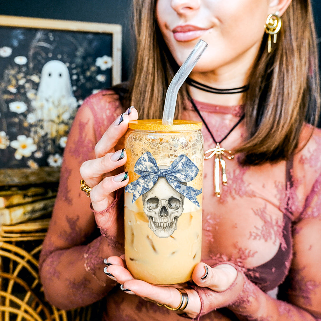 Bow Skull 20oz Insulated Glass Tumbler With Bamboo Lid And Stainless Straws