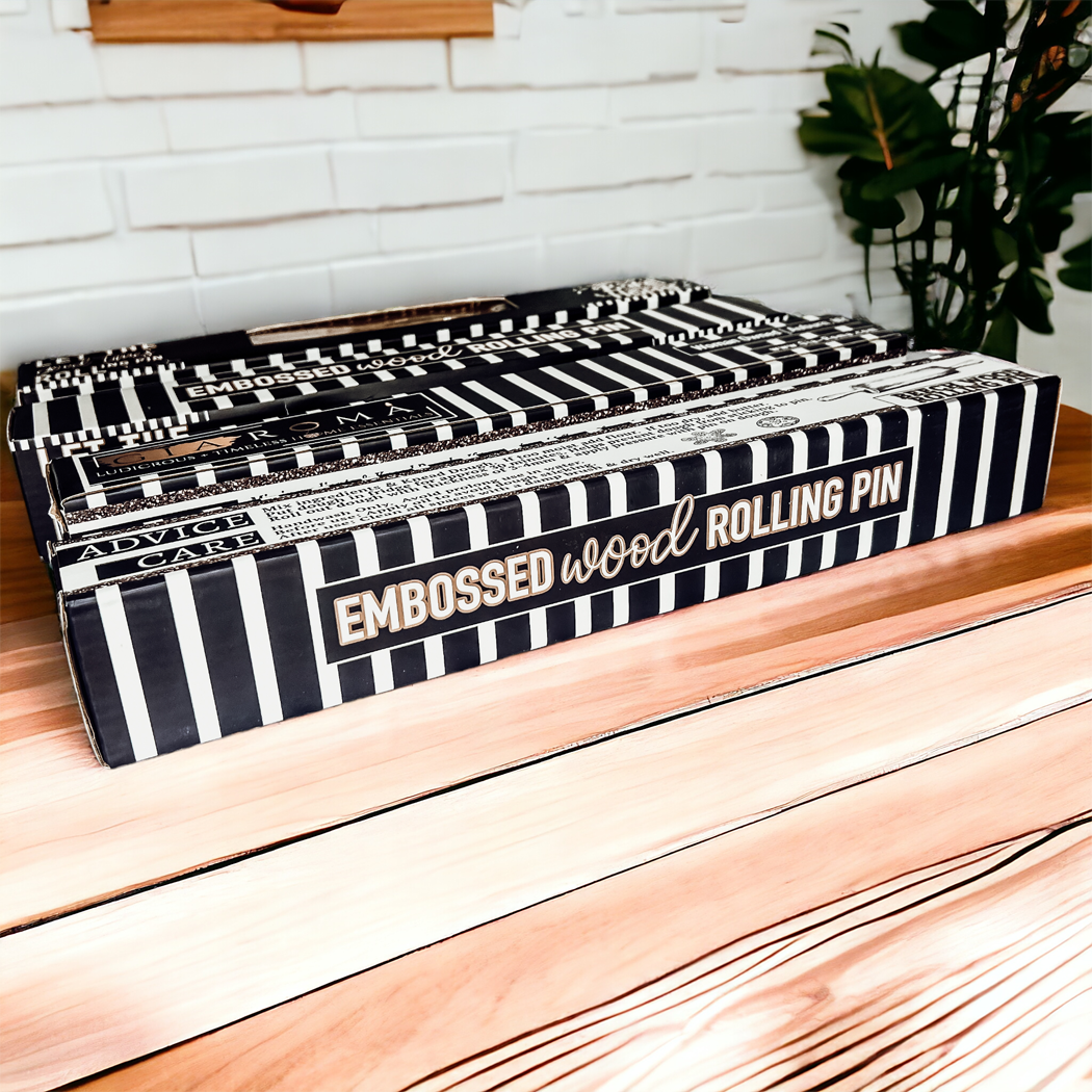 Nudelholz-Set in Geschenkbox – 5 gemusterte Backrollen, kinderfreundlich, aus Holz