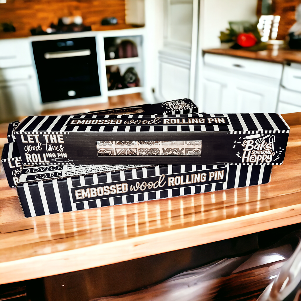Nudelholz-Set in Geschenkbox – 5 gemusterte Backrollen, kinderfreundlich, aus Holz