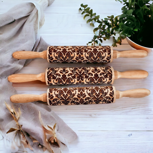 Nudelholz-Set in Geschenkbox – 5 gemusterte Backrollen, kinderfreundlich, aus Holz