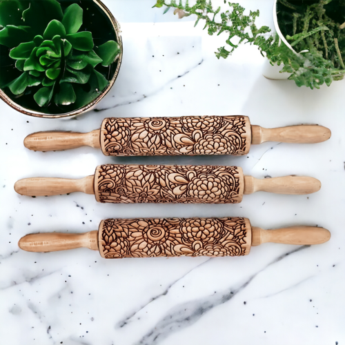 Nudelholz-Set in Geschenkbox – 5 gemusterte Backrollen, kinderfreundlich, aus Holz