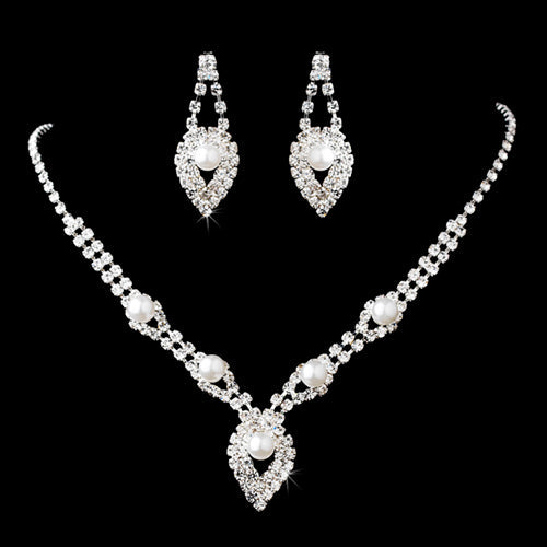 Parure Collier et Boucles d'Oreilles de Mariée Perles, Cristaux et Strass