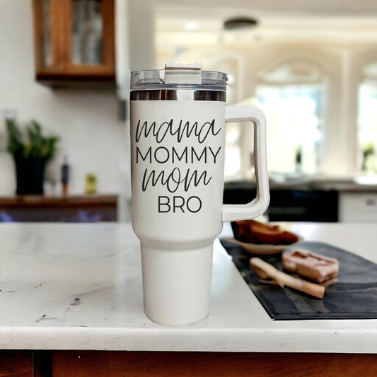 Gobelet de voyage isotherme 40oz avec poignée, couvercle et paille - Tumbler en acier inoxydable Mommy Bro