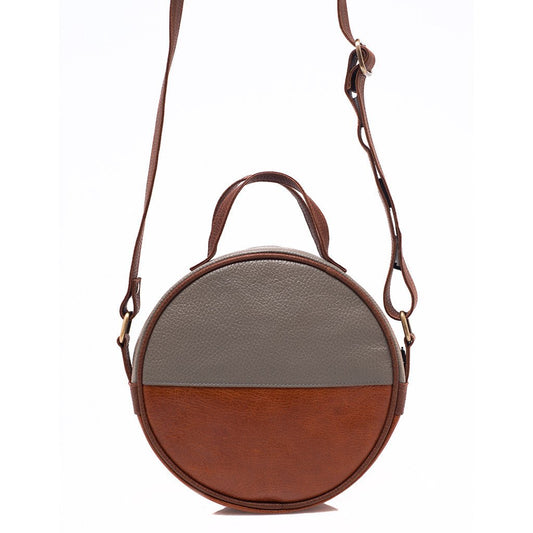 Sac bandoulière lune en éco-cuir marron, pochette, accent gris rétro, tissé à la main, doublé