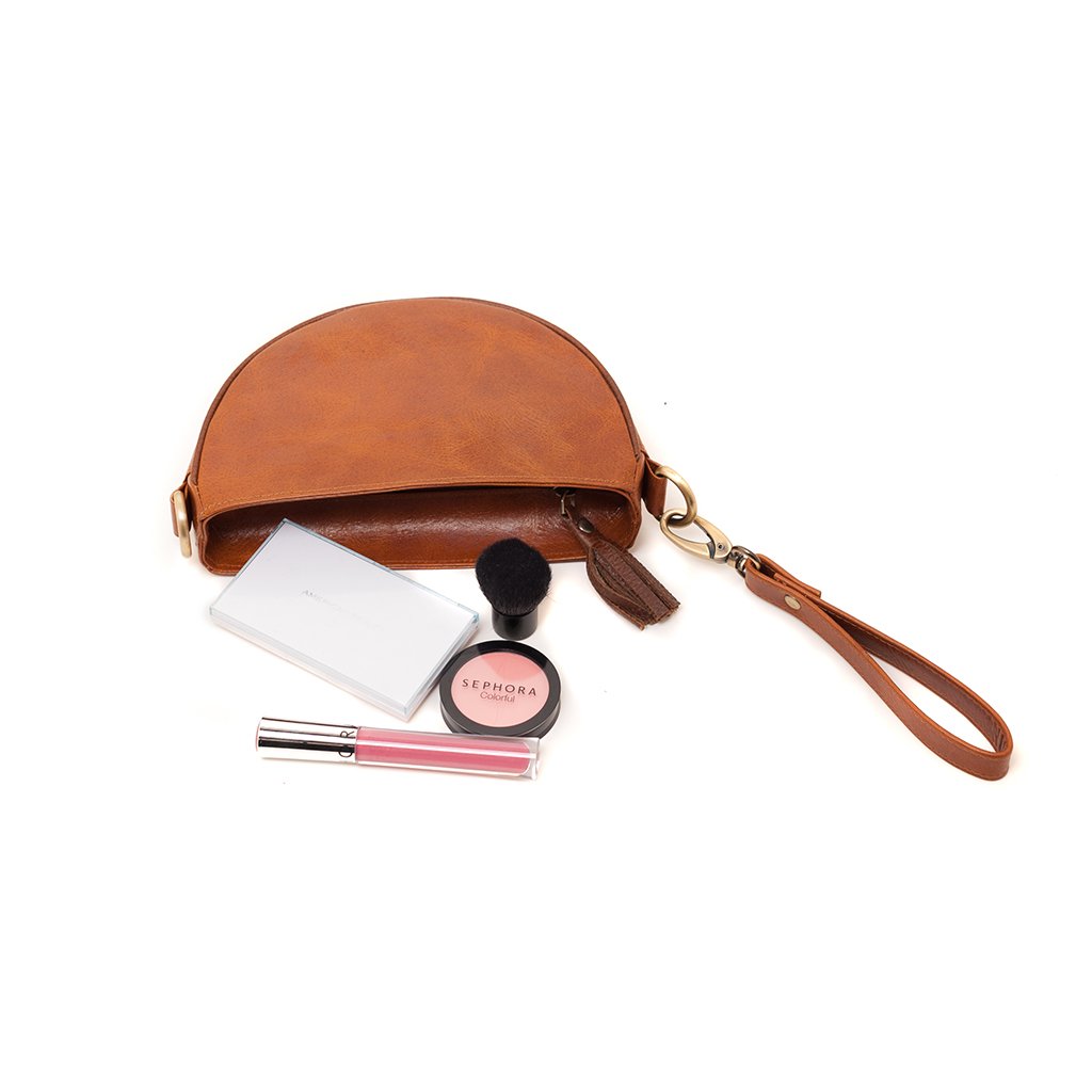 Braune Halbmond-Umhängetasche Clutch Handgelenktasche aus Öko-Leder mit Quaste