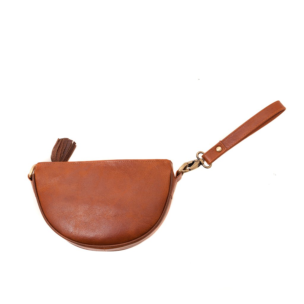 Braune Halbmond-Umhängetasche Clutch Handgelenktasche aus Öko-Leder mit Quaste