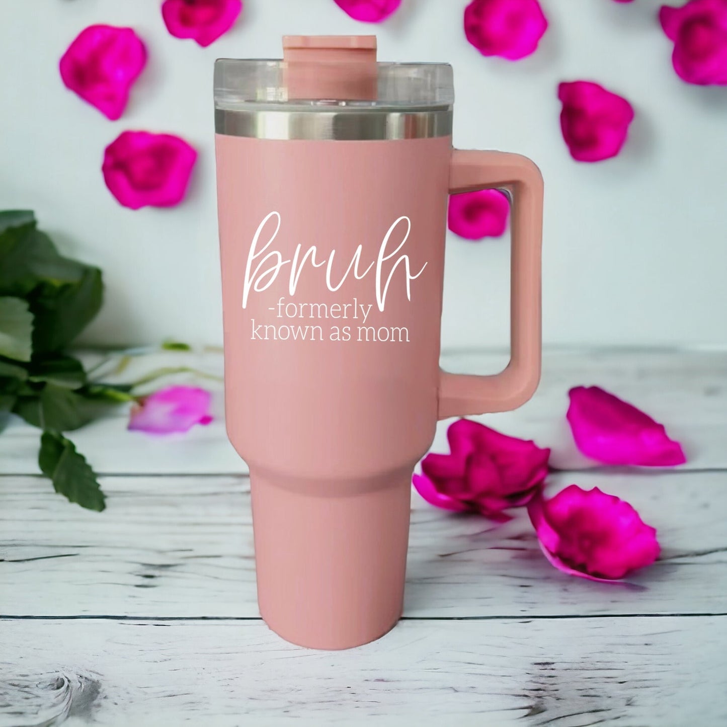 Gobelet isotherme rose de 1,2 L avec poignée, couvercle et paille, Tasse "Bruh Mom" humoristique