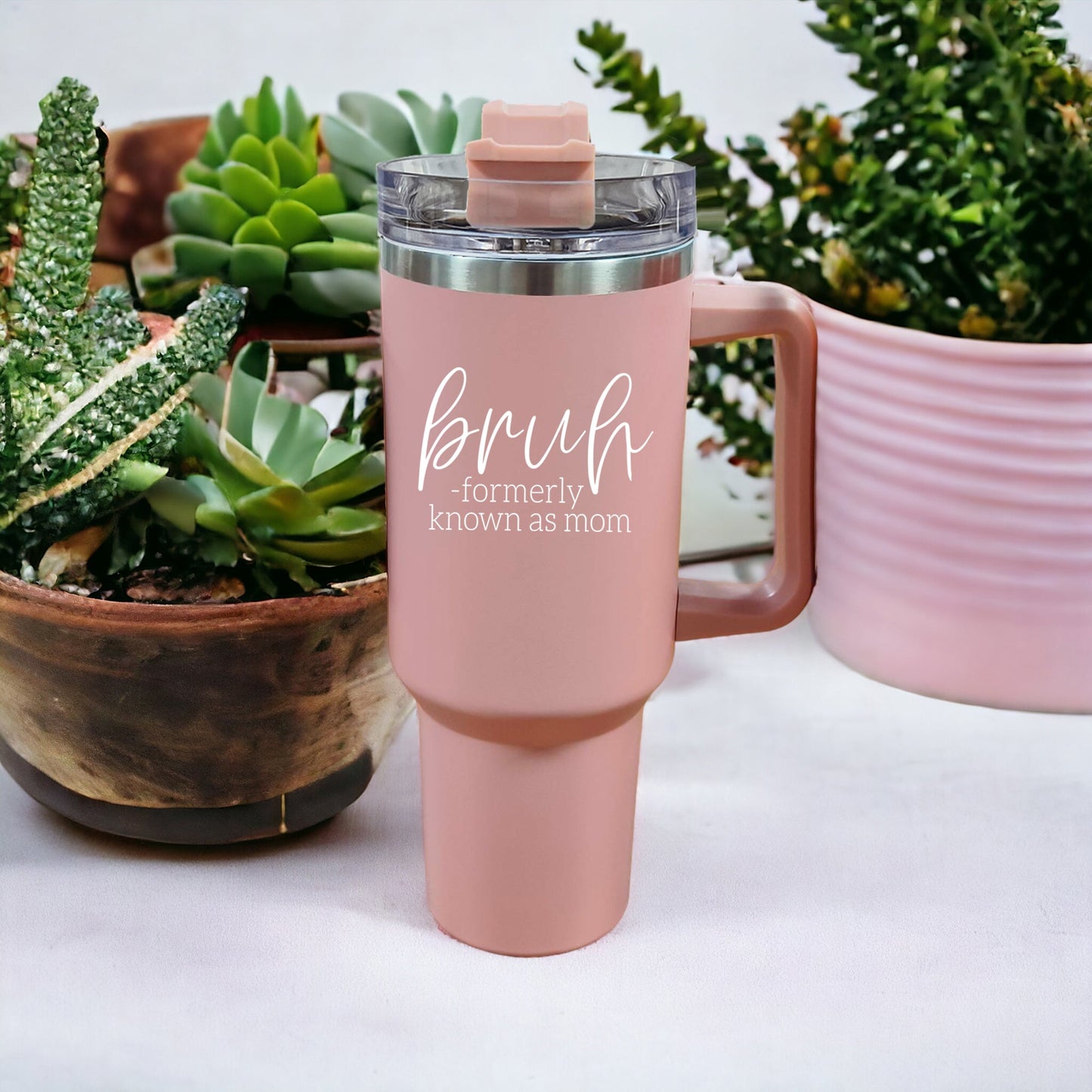 Gobelet isotherme rose de 1,2 L avec poignée, couvercle et paille, Tasse "Bruh Mom" humoristique
