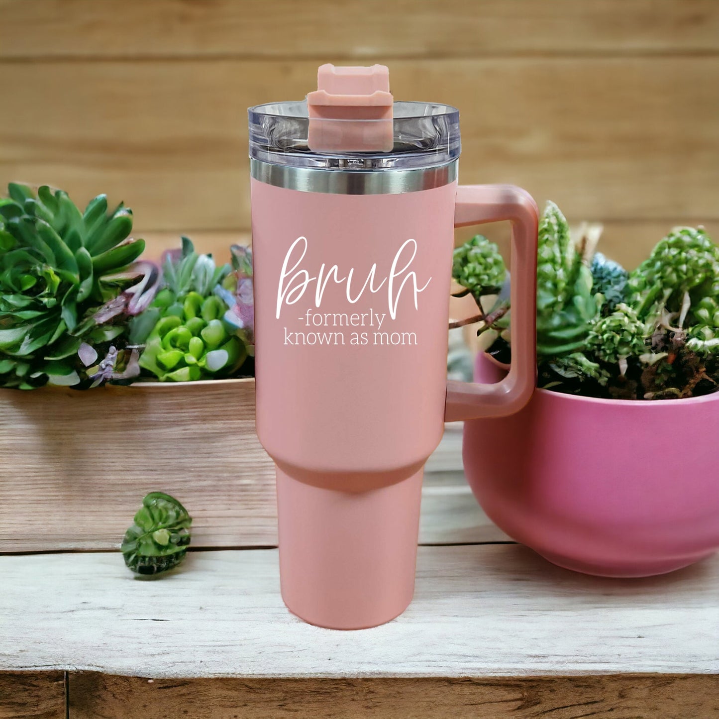 Gobelet isotherme rose de 1,2 L avec poignée, couvercle et paille, Tasse "Bruh Mom" humoristique