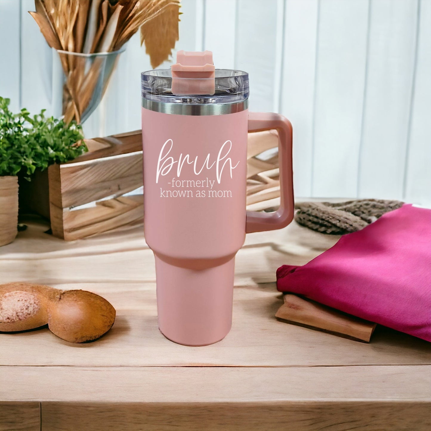 Gobelet isotherme rose de 1,2 L avec poignée, couvercle et paille, Tasse "Bruh Mom" humoristique