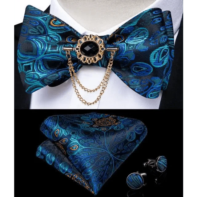 Business Elegant Gold Black Pattern Elegant Wedding Silk Bowtie Men Butterfly Fashion Bow Ties Pocket Square Classic Business Tuxedo Wedding Bowties Handkerchief Set